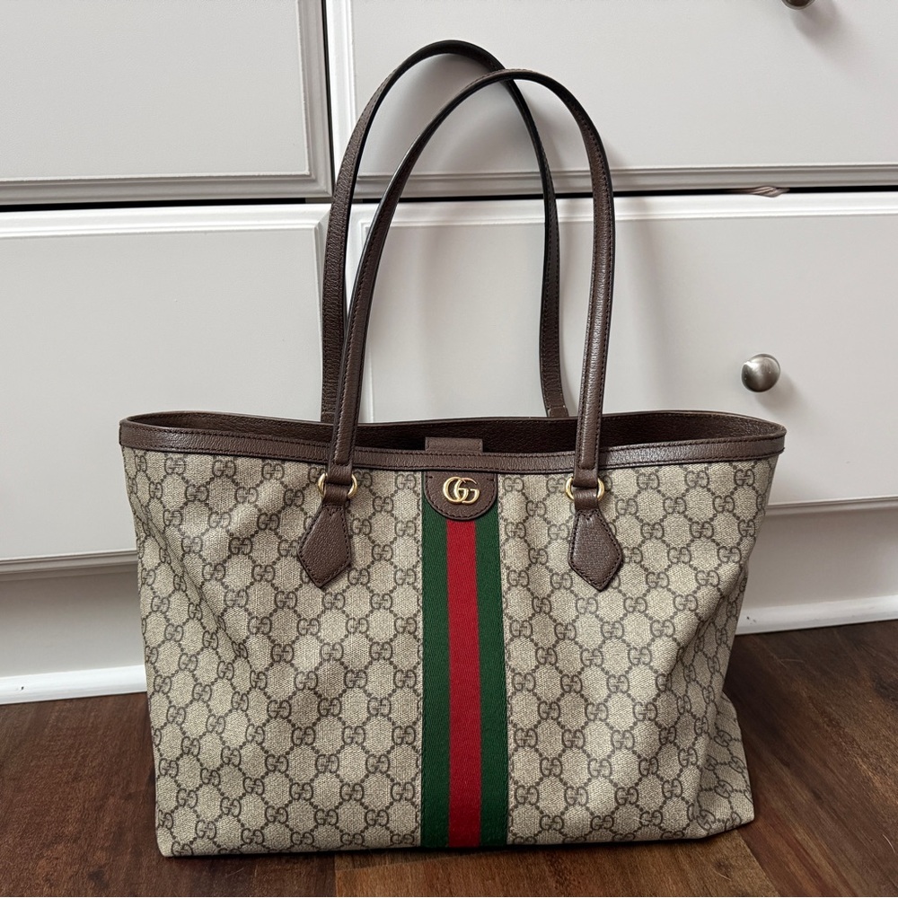 Gucci Beige and Brown Tote with Green and Red Stripe